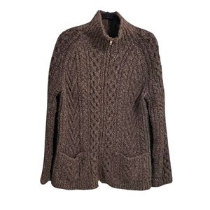 INIS CRAFTS Ireland Aran Merino Wool Zip Front Cardigan Sweater Pockets Brown S